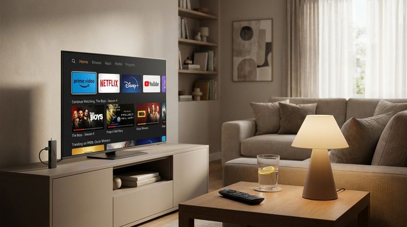 A lifestyle scene showing a Fire TV Stick plugged into a modern TV with a vibrant interface and remote on a coffee table.