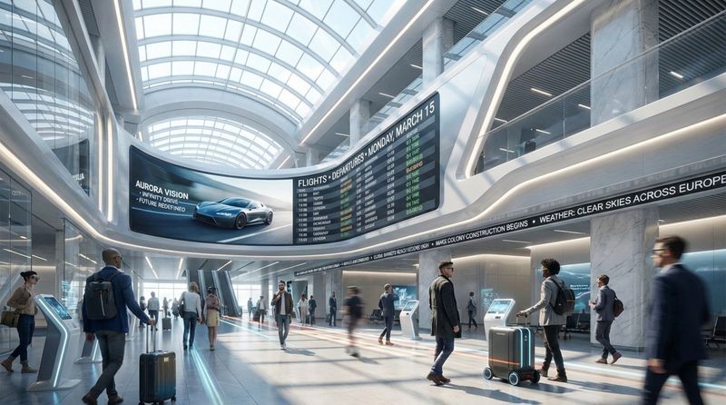 A busy modern environment with sleek digital signage screens displaying flight information, advertisements, and news in a high-tech setting.