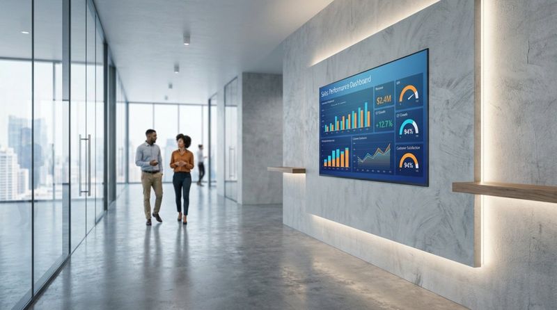 A sleek digital signage screen displays a colorful Power BI dashboard in a modern office hallway, emphasizing data integration in a professional workspace.