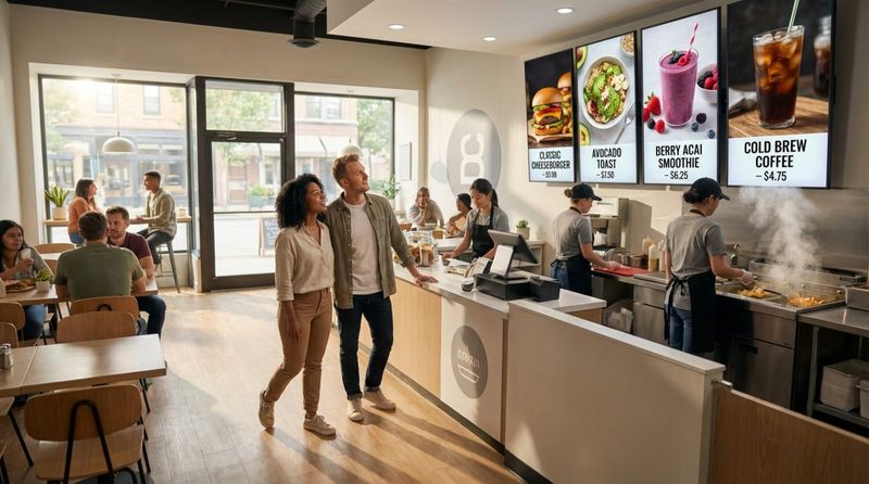 A modern fast-casual restaurant with digital menu boards displaying food images while a diverse couple looks at the menus deciding what to order.