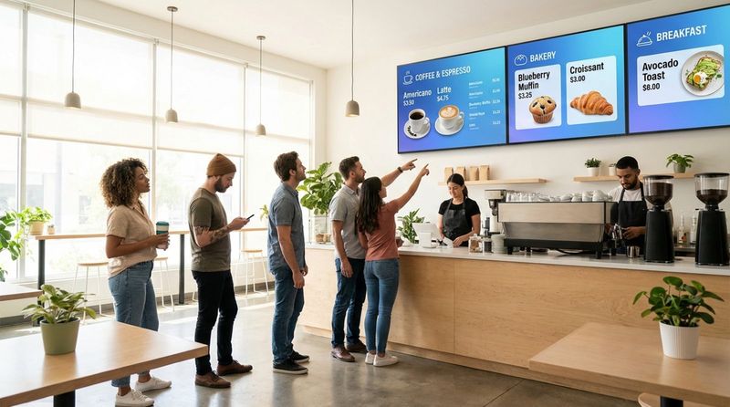 A bright modern cafe featuring three digital menu boards displaying vibrant images and menu items above the counter with customers viewing them.