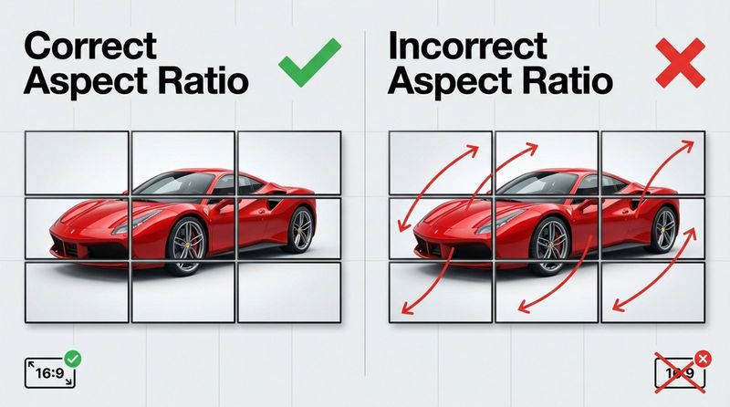 An infographic comparing correct and incorrect aspect ratios on video walls showing a car image with clear differences in distortion and fit.