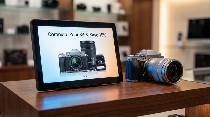 Close-up of a digital screen displaying a camera bundle deal next to a high-end camera in a retail store.