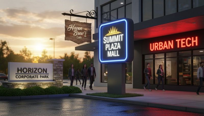 A collage of various business signs showcasing different styles and textures, including a shopping mall pylon sign, corporate monument sign, storefront channel letters, and a rustic cafe blade sign.
