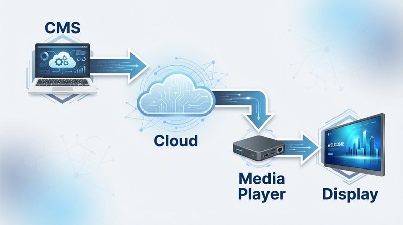 A modern infographic showing how digital signage software connects a cloud CMS, media player, and display with arrows and simple icons.