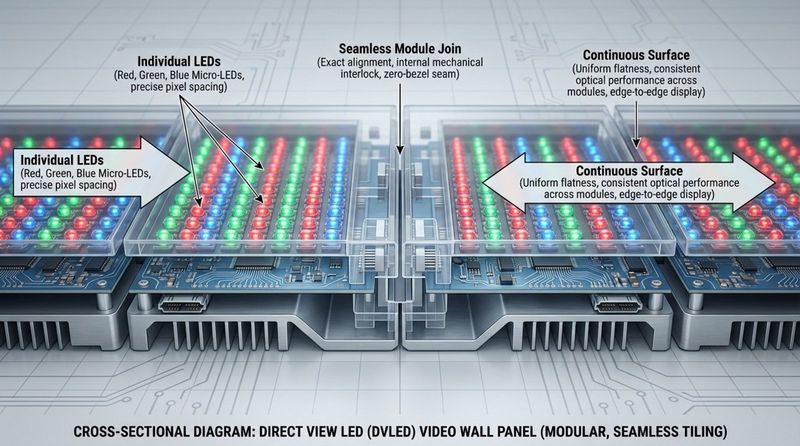 A detailed 3D technical diagram of a direct view LED video wall panel showing individual LEDs emitting light and seamless module tiling for a continuous surface.