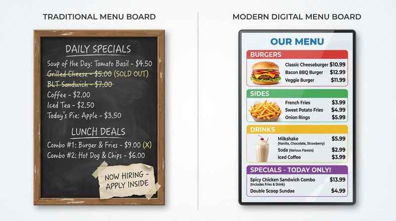Split-screen infographic comparing traditional cluttered chalkboard and bright digital menu board with clear organization.