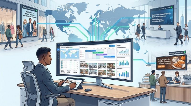 An illustration of an administrator managing digital signage from a central dashboard controlling screens in various locations worldwide.