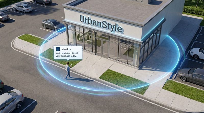 A bird's-eye view diagram of a retail store with a glowing blue geofence and a person crossing into it, triggering a welcome notification.
