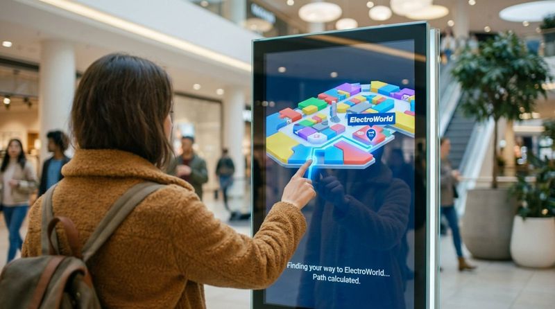 A shopper interacts with a vertical kiosk displaying a colorful 3D mall map with a glowing path for navigation.