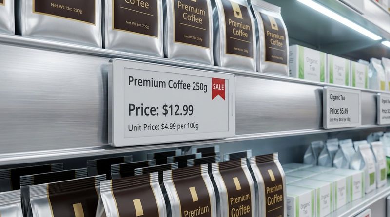A close-up of a digital electronic shelf label displaying product details and a special offer graphic on a neatly stocked grocery shelf.