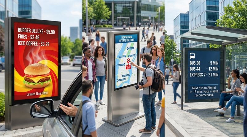 A collage showcasing various outdoor digital signage applications including a fast-food drive-thru menu, an interactive city map kiosk, and a bus schedule display at a bus shelter.