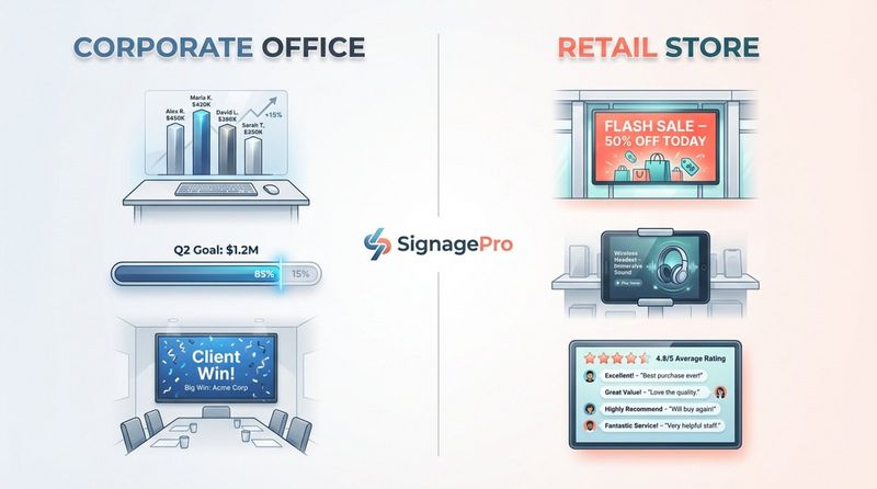 A modern infographic illustrating digital signage content strategies with panels for corporate offices and retail stores showing icons for sales, promotions, and customer engagement.