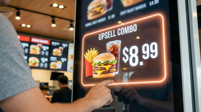 Close-up of a digital menu board highlighting an upsell combo with a burger fries and soda, with a customer's hand pointing at the screen.