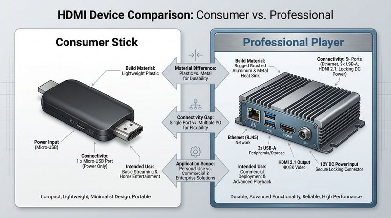 Side-by-side infographic comparing a small consumer HDMI stick with a micro-USB port and a rugged professional device with multiple ports and metal casing.