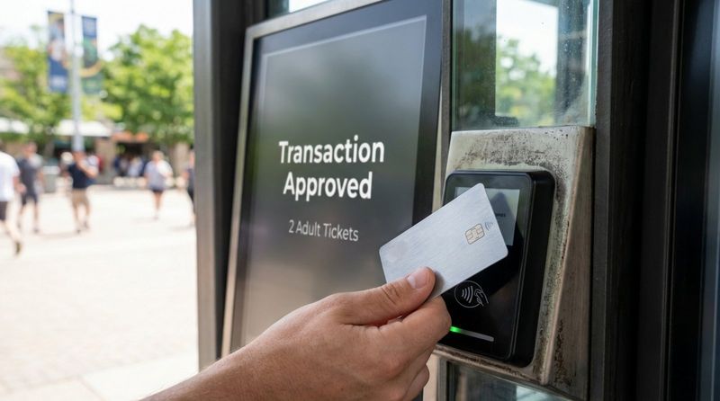 A hand making a contactless payment at an outdoor ticketing kiosk for tickets to a tourist attraction.