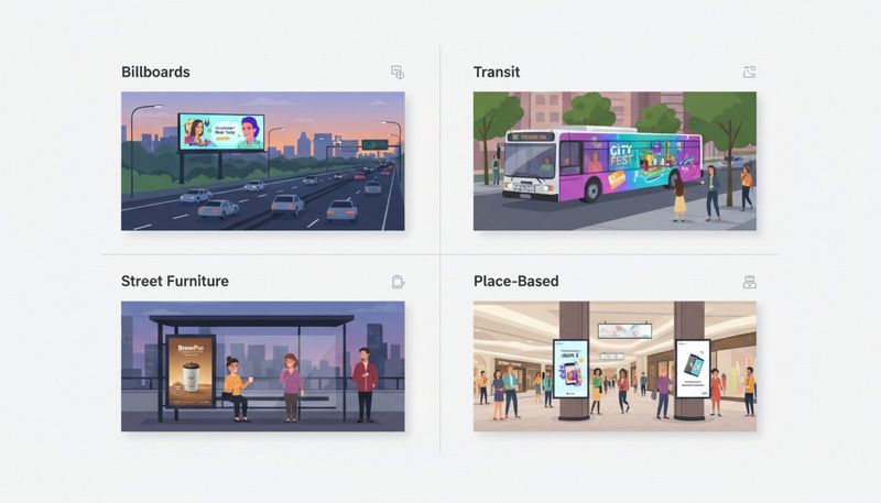 A modern infographic illustrating four types of outdoor advertising: billboards, transit ads, street furniture, and place-based screens in shopping malls.