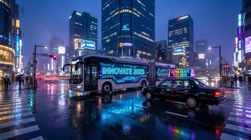 A vibrant cityscape at dusk with a bus and taxi moving on a wet reflective street, featuring bright digital advertisements and city lights in the background.