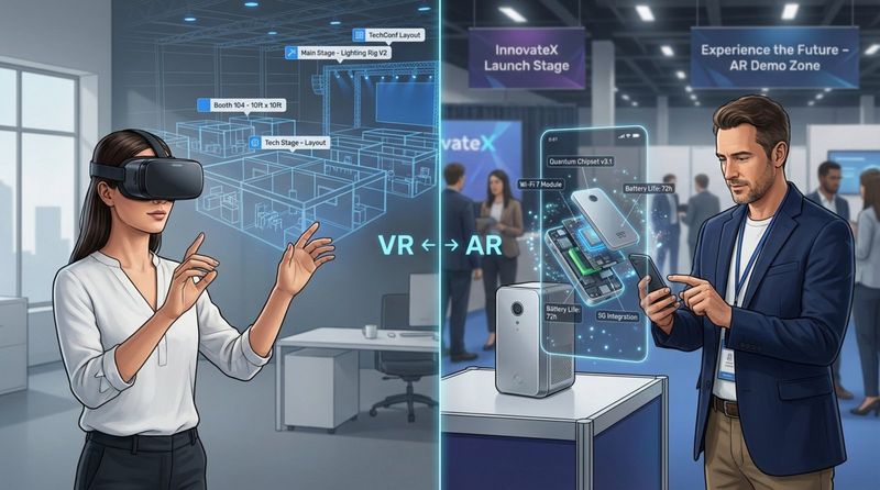 Split-screen image contrasting virtual reality planning with augmented reality attendee experience at a convention.