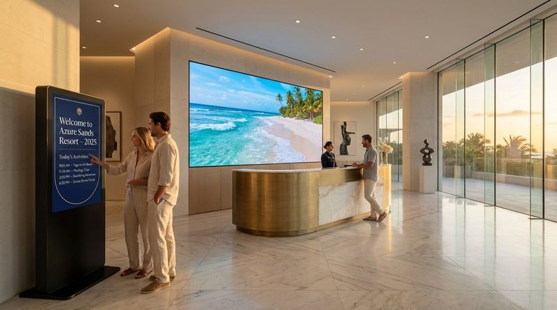 A modern resort lobby featuring a large video wall showing a beach video and a sleek digital kiosk with a welcome message and activities.