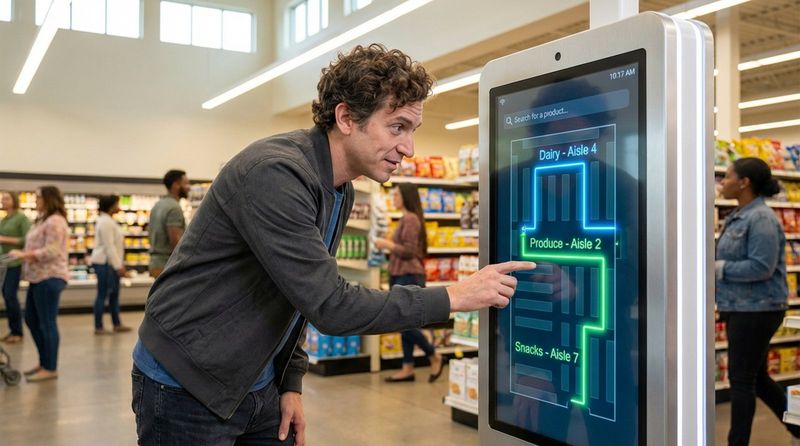 A shopper interacts with a touchscreen kiosk in a grocery store, highlighting a high-tech shopping experience.