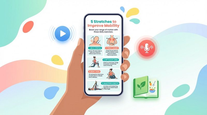 Hands hold a smartphone displaying a fitness blog post with diagrams and text, surrounded by icons for video, podcast, and recipes, emphasizing helpful health education.