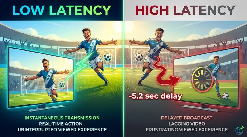 Infographic comparing low latency and high latency in live sports broadcasting, highlighting real-time celebration versus delayed viewing with buffering icons.
