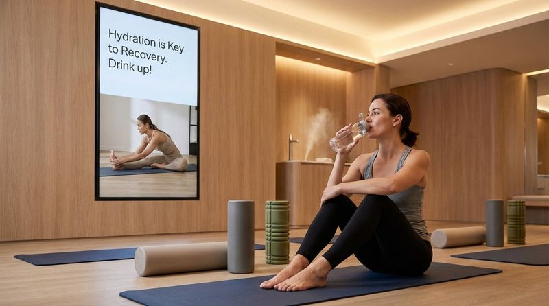 A woman drinks water in a gym recovery space with a digital screen showing hydration tips and a trainer demonstrating a stretch.