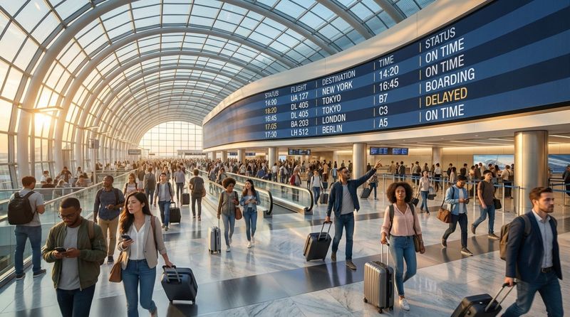 A busy airport terminal with a large curved LED screen showing flight information and travelers moving through the space.
