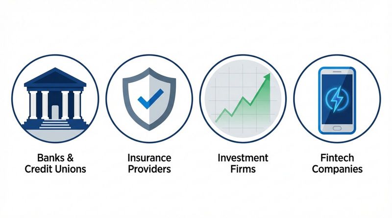 Four icons representing financial sectors in a professional flat design with blue and grey colors