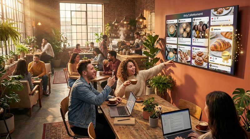 A lively cafe scene with a digital screen showing a live social media feed and a customer pointing at their photo.