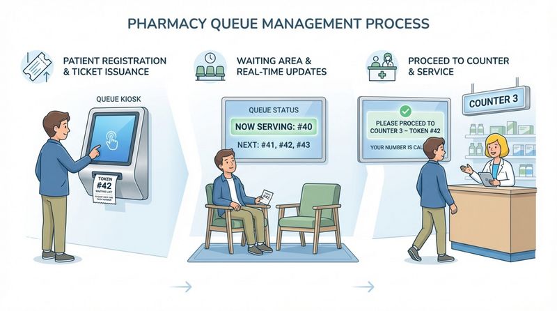 Infographic illustrating pharmacy queue management with three steps: receiving a ticket at a kiosk, waiting while watching a digital screen, and being called to a counter.