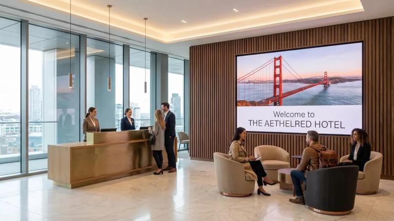 Hotel lobby digital signage displaying a Golden Gate Bridge photo with a "Welcome to The Aethelred Hotel" message above the reception desk.