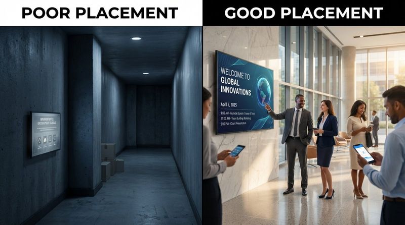 A split-screen image comparing poor and good digital display placement, highlighting visibility and engagement differences in different environments.