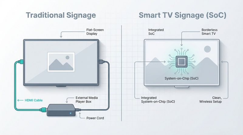 Comparison infographic showing traditional signage with external media player and HDMI connection versus a sleek smart TV with system-on-chip inside, ahighlighting setup simplicity.