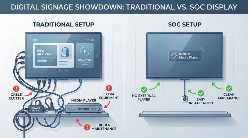 An infographic comparing traditional digital signage setup with a streamlined SoC display setup, highlighting the simplicity and clean design of the latter.