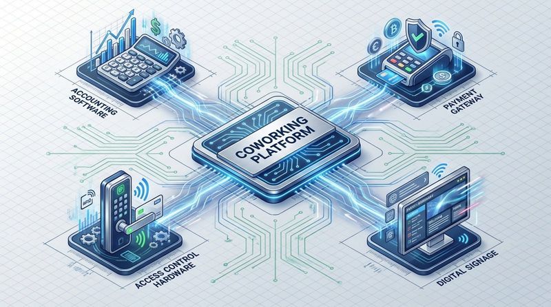 A technical diagram showing software integrations with a central coworking platform connected to various systems.