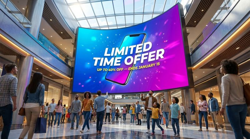 A large digital screen in a mall atrium displays a smartphone promotion with a limited time offer, capturing shopper interest and excitement.