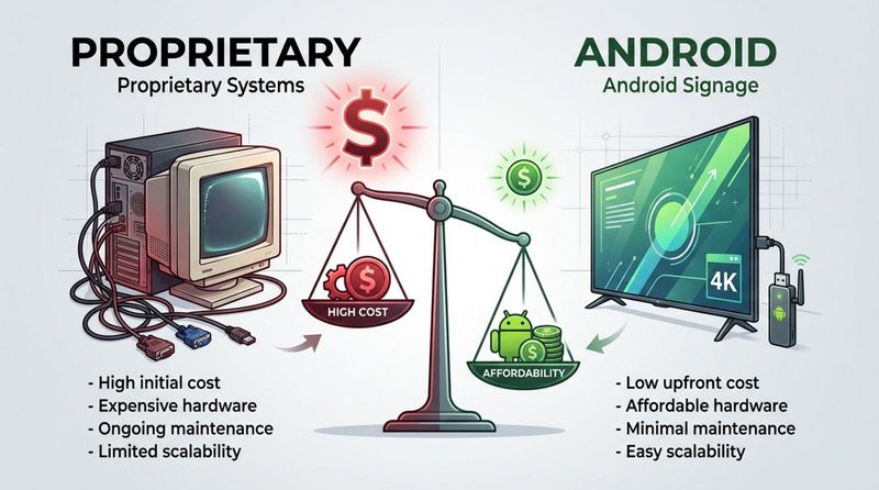 Infographic comparing the costs of proprietary and Android signage systems, highlighting lower costs with Android devices and Smart TVs.