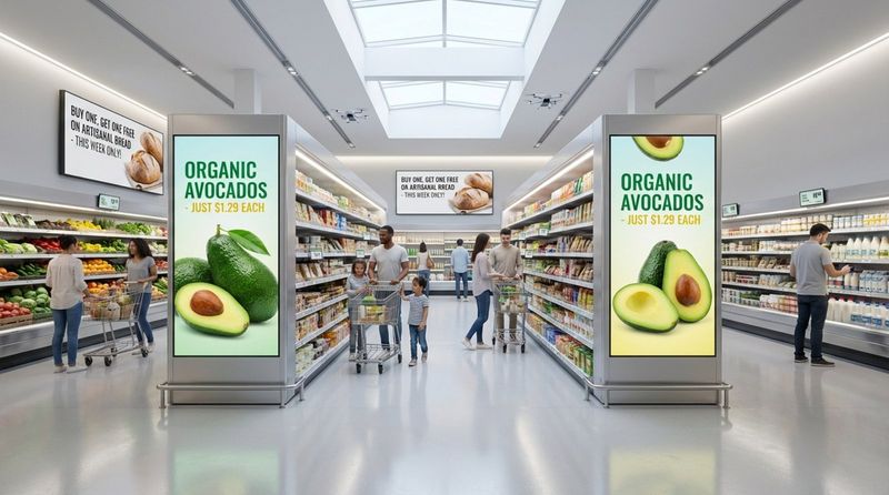 A wide shot of a bright modern grocery store with shoppers and digital screens displaying advertisements.
