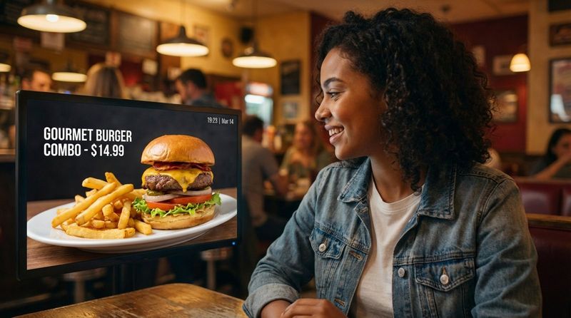 A young woman smiles at a digital menu screen displaying a gourmet burger and fries in a casual restaurant.