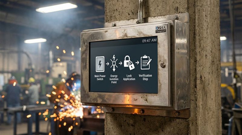 Close-up of a rugged digital signage screen on a concrete column displaying a lockout-tagout diagram in a busy factory environment.