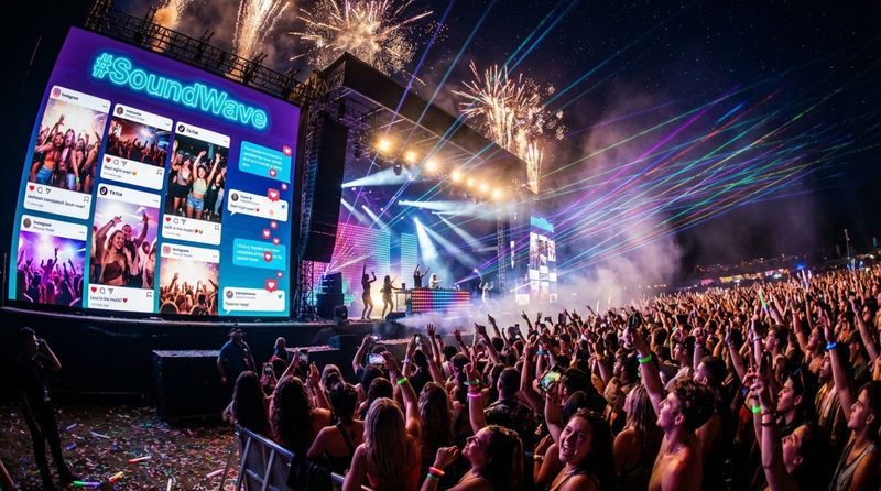 A vibrant scene at a nighttime music festival with colorful laser lights and a large crowd showing excitement.