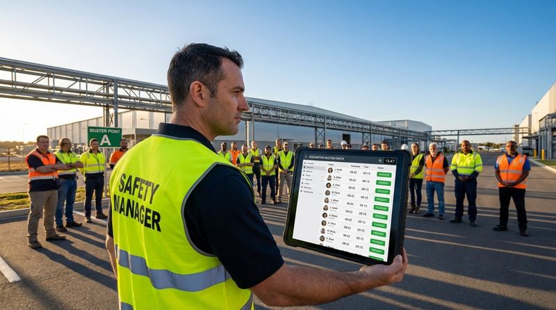Safety manager in high-visibility vest uses a tablet to monitor evacuation during a drill outside a building.
