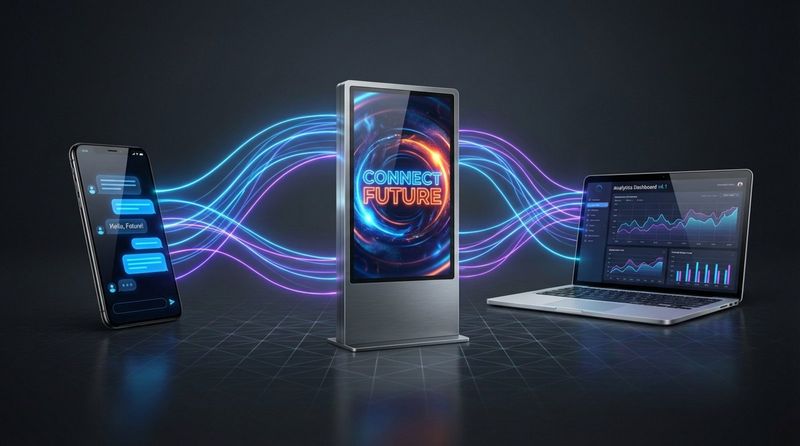 An abstract illustration showing how digital content links different devices with glowing lines connecting a smartphone, digital signage, and a laptop.