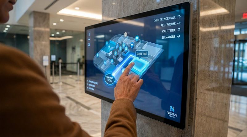 A hand interacts with a digital directory screen displaying a 3D map in a building complex.