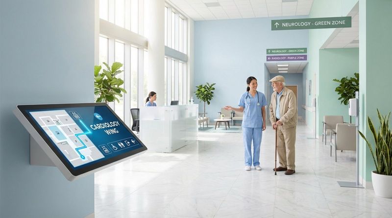 A modern hospital reception with a digital map screen showing the route to cardiology and staff assisting patients in a calm environment.