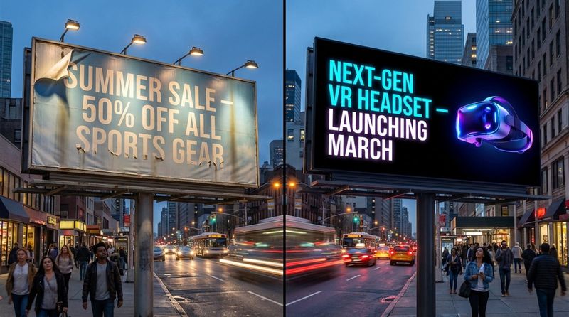 Comparison of a worn static billboard and a vibrant digital billboard along a road showing technological and visual differences.