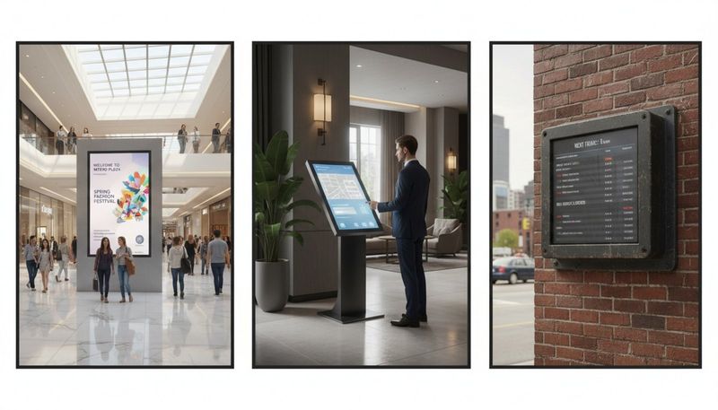 Photorealistic triptych illustrating various digital signage displays in commercial, hotel, and outdoor settings.