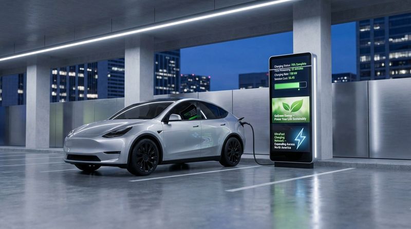 A modern parking area with a sleek electric vehicle connected to a charging station featuring a digital kiosk displaying charging info.